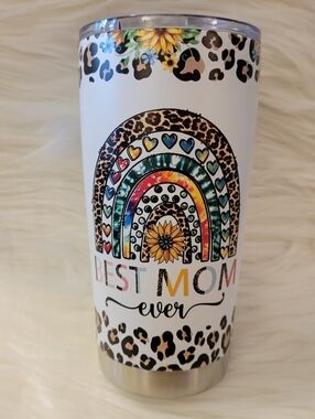 Best Mom Ever Rainbow Leopard Travel Tumbler — Multicolor,  With Cleaning Straw.